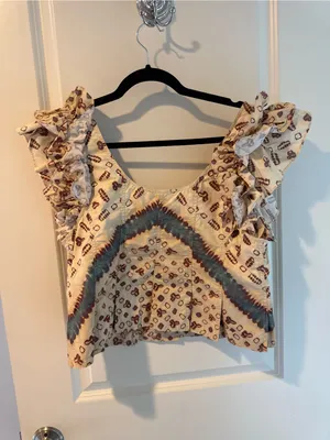 Ulla Johnson Mila Ruffled Sleeve Floral Peplum Top in Cream | Size 12 / L thumbnail 4