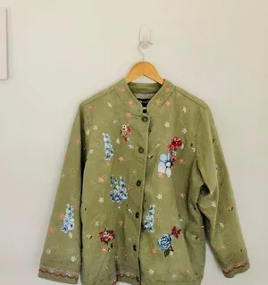 Denim & Co Vintage Floral Olive Jacket Button Up Flowers Butterflies Green Pockets thumbnail 2