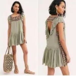 Free People Embroidered Boho Dress Aztec Southwestern Cottage Babydoll Sage Fall thumbnail 6
