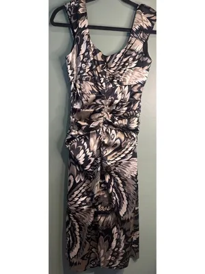 London Times Womens 6 Midi Dress Ruched Draped Abstract Feather Cocktail Y2K thumbnail 6