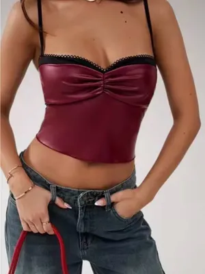 SheIn Burgundy Faux Leather Crop Cami Black Ruched Y2K Goth Festival Biker XS Country thumbnail 1
