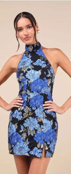 Lulus Extraordinary Impression Black Floral Jacquard Halter Mini Dress Large NWT thumbnail 1