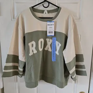 Roxy Game On Womens Large Pullover Olive Varsity Logo Colorblock Sweatshirt NWT thumbnail 1