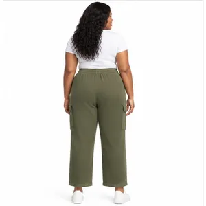 Terra & Sky Womens Plus Size 3X Olive Cargo Pants French Terry Wide Leg 28in thumbnail 4
