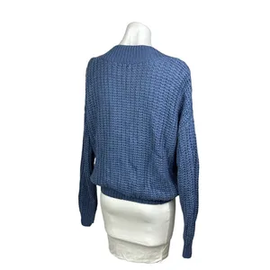 Urban Outfitters LARGE Blue Chunky Cable Knit Long Sleeve V-Neck Sweater Top thumbnail 3