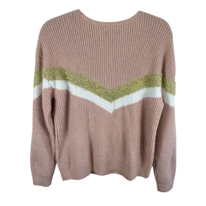 Nine West Womens Pink Ribbed Chevron Sweater Gold Metallic Stripe Cozy Size L thumbnail 3