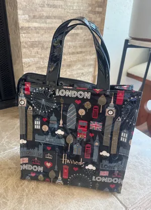 Harrods Black Vinyl Tote with Red and Gold London Motif thumbnail 1