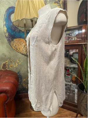 Theo Miles Vintage Beaded Sweater Vest Missy Medium Linen Blend Oatmeal Boho Cre thumbnail 4