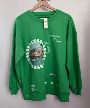 Anthropologie Celandine XXS/XS NEW Crew-Neck Graphic Sweatshirt Green Oversized thumbnail 1