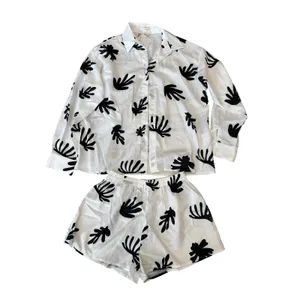 Commense Chill Life Plant Print Casual Relaxed Vacation Top & Short Set White S thumbnail 2
