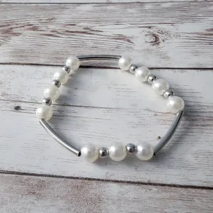 Silver Tone & Faux Pearl Stretch Bracelet thumbnail 2
