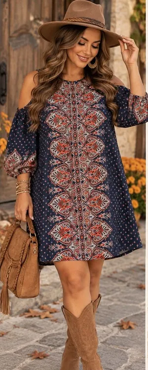 AUW Cold Shoulder Shift Dress Size 12 Navy Orange Paisley Boho 3/4 Sleeve 459477 thumbnail 1