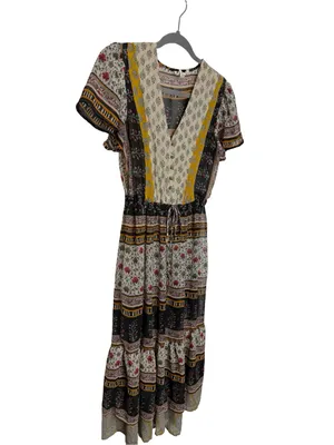 🌼✨ One September Mixed Print Boho‎ Midi Dress Tassel Tie XS Anthropologie ✨🌼 thumbnail 3