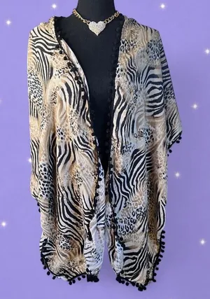American Vintage Vintage Y2K Print Zebra Leopard Pom Pom Shawl Wrap Kimono Cover Up One Size 🤎 thumbnail 1