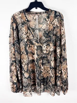 FREE PEOPLE Out For The Night Faux Snakeskin Print Sheer Top Size Large Boho thumbnail 1