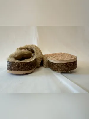 Women's Plush Faux Fur Slide Sandals - Tan thumbnail 5