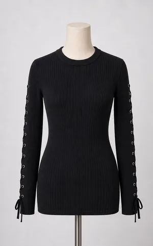 Ribbed Lace-Up Long Sleeve Dress thumbnail 1