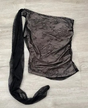 Black Lace Handmade Scarf One Shoulder Top Floral thumbnail 1