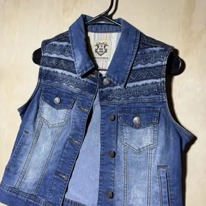 Wax Jean Womens M Denim Vest Embroidered Aztec Boho Button Front Blue thumbnail 2