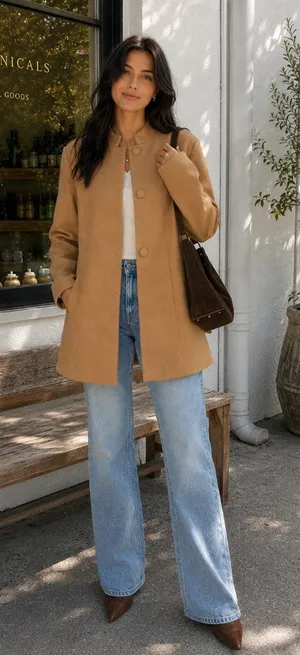 FME Camel Brown Longline Coat Stand Collar Button Front Minimalist Classic Jacke thumbnail 1