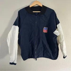 Navy White Jacket USA Patch America 4th of July Patriotic Windbreaker Retro thumbnail 1
