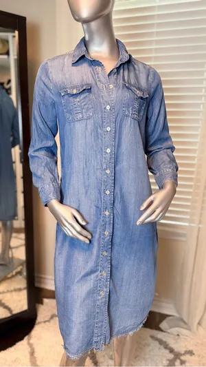 Reba 100% Tencel Chambray Denim Blue Shirt Dress Small Western Pockets Casual thumbnail 1