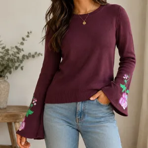 Faded Glory Boho Floral Embroidered Bell Sleeve Sweater Purple S 4-6 Knit Top thumbnail 1