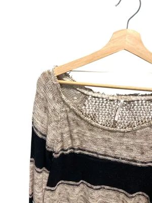 Free People So Perfectly Yours Striped Sweater Beige Size L Beach Coastal Boho thumbnail 8