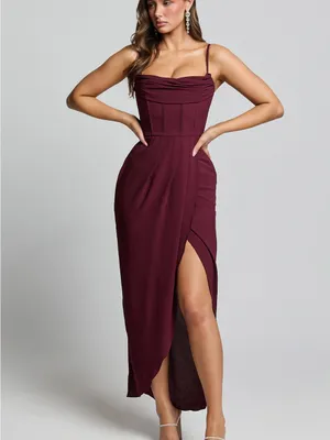 SHOWPO Andrina High Low Wrap Corset Midi Dress In Wine thumbnail 6