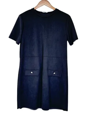 Zara Black Minimalist Shift Dress Pockets Polished Preppy Size Medium‎ Classic thumbnail 1