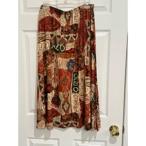 Vintage 90s Midi Abstract Geometric Print Skirt Elastic‎ Waist Brown Large thumbnail 2