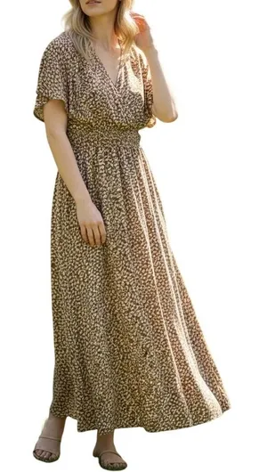 Dress Up‎ Animal Print Maxi Dress Womens Large Brown Pink Smocked Waist V-Neck thumbnail 1