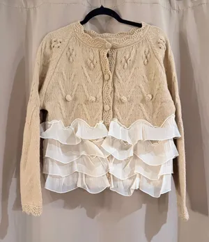 Source Unknown Cream Knit Cardigan with White Ruffle Hem thumbnail 1