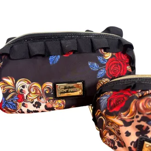 Betsey Johnson 2pc Cosmetic Bag Set Floral Leopard Ruffle Black Red Gold Rose thumbnail 3