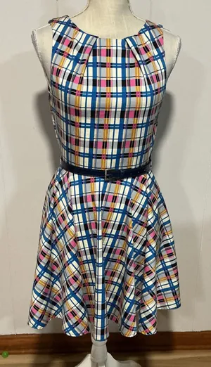 Closet Multicolor Plaid Midi Dress with Blue Belt thumbnail 1