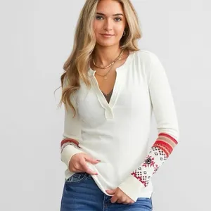 We The Free Cream Top with Red Patterned Sleeves Size XSMALL thumbnail 9
