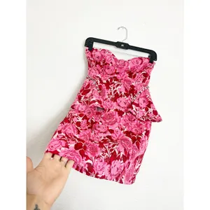 NWT ZARA Rose Floral Jacquard Peplum Mini Dress Size Medium Rhinestone Strapless thumbnail 12