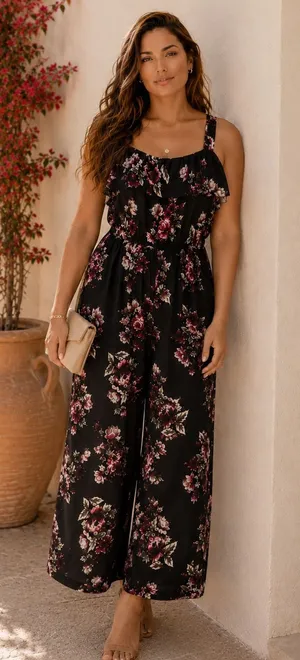 No Boundaries Floral Ruffle Cold Shoulder Jumpsuit XL 15-17 Black Pink Wide Leg thumbnail 1