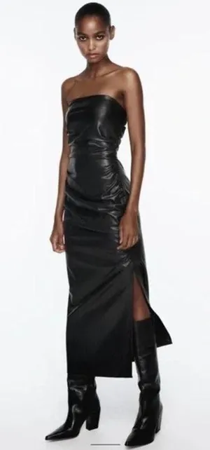 ZARA Faux Leather Strapless Black Dress NWT Size XS Midi Side Slit Zip Slimming thumbnail 3