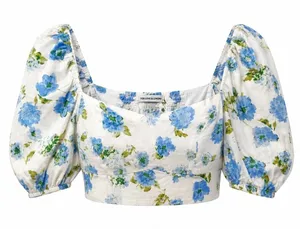 Zara Linen Blend Floral‎ Crop Top Puff Sleeve Smocked White Blue Women's M thumbnail 1