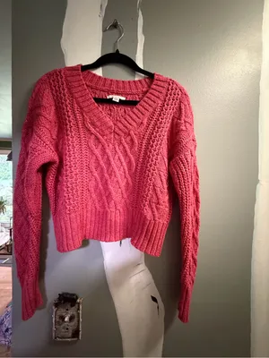 American Eagle Outfitters Pink Cable V-Neck Sweater thumbnail 2