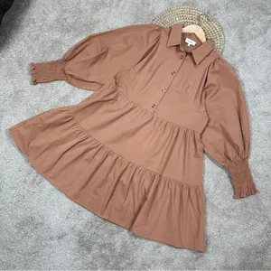 Bohme Makayla Mini Dress Smocked Balloon Sleeve Button Ruffle Tiered in Clay S thumbnail 2