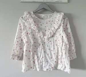 LoveShackFancy Cream & Pink Floral Print Ruffle Blouse thumbnail 1