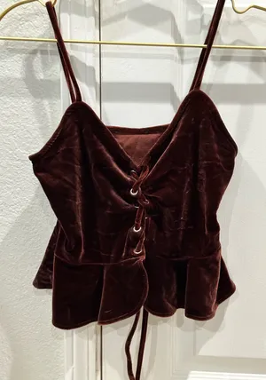 Renaissance lace up velvet crop tank. Regency, festival, milk-maid, peasant, whimsy-goth, dark romance, festival thumbnail 1