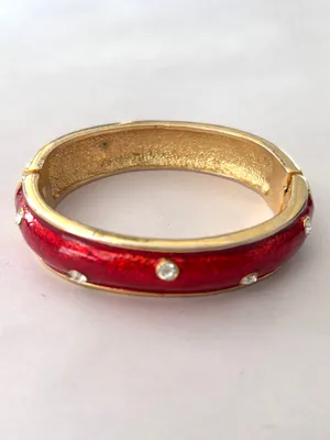 Vintage Red Enamel Hinge Bangle Bracelet Gold Tone Rhinestone Accent thumbnail 3