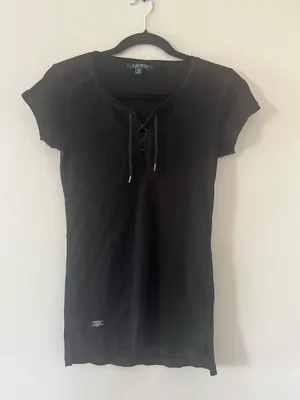 Lauren Ralph Lauren Black Ribbed Tee Small Lace Up 100% Cotton Minimalist thumbnail 2