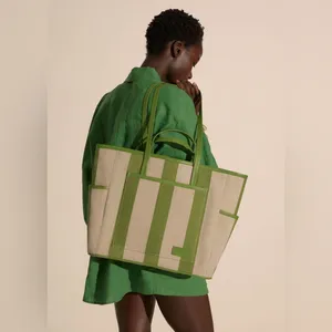 NWT & OTHER STORIES Green Canvas Leather Trim Large Tote Bag thumbnail 2