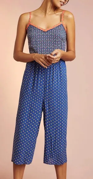 Anthropologie XL Blue Floral Wide Leg Cropped Jumpsuit Boho Adjustable Strap thumbnail 1