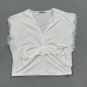 Zara Women's White Ribbed Lace Sleeve V-Neck Cutout Blouse Top Size Small thumbnail 1