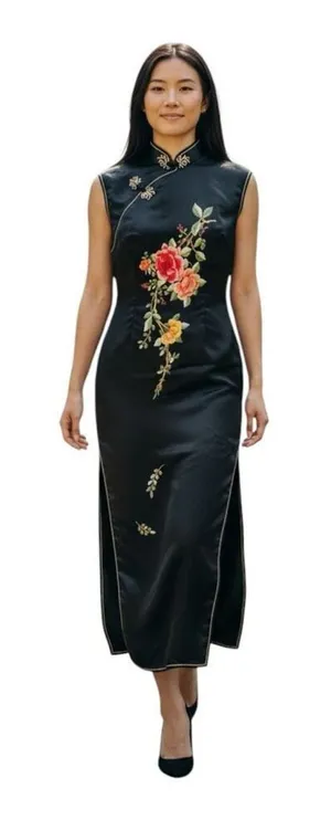 Oriental 100% Pure Silk Qipao Dress Size 32 (Small) Black Embroidered Cheongsam thumbnail 1